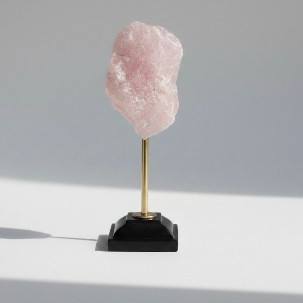 Raw Rose Quartz Crystal Specimen with Gold Tone & Black Pedestal Display Stand